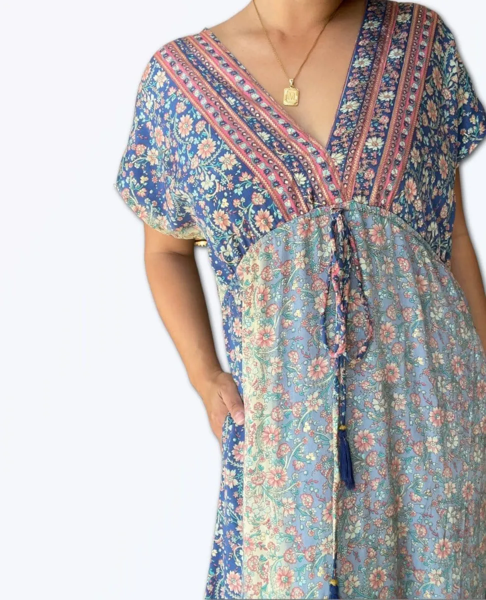 Blue Gold Tie Front Maxi Dress