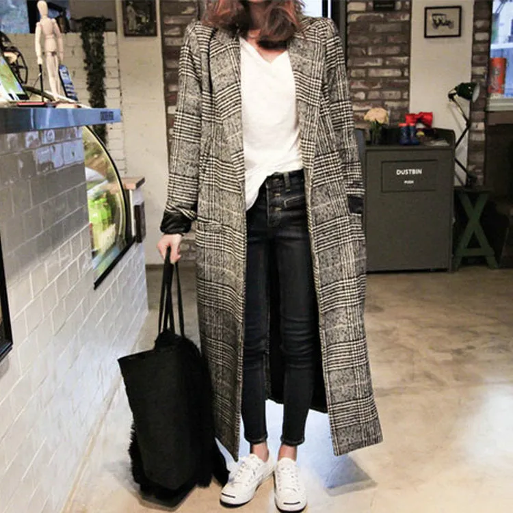 Women plaid long coat long sleeve woollen overcoat loose outwear female winter autumn trench coats plus size