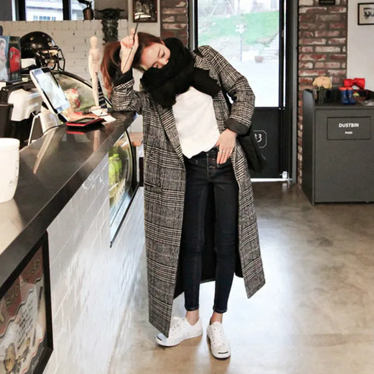 Women plaid long coat long sleeve woollen overcoat loose outwear female winter autumn trench coats plus size
