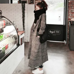 Women plaid long coat long sleeve woollen overcoat loose outwear female winter autumn trench coats plus size